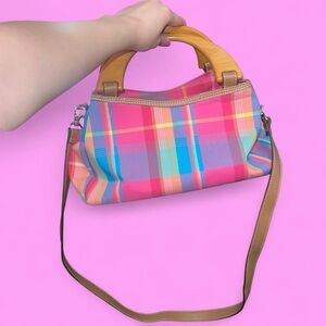 Vibrant Plaid Crossbody Bag with Tan Handles